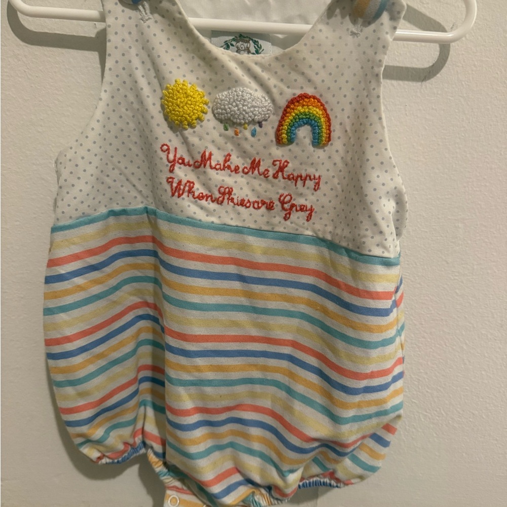Embroidered Rainbow & Weather Baby Romper - White Multi Stripe